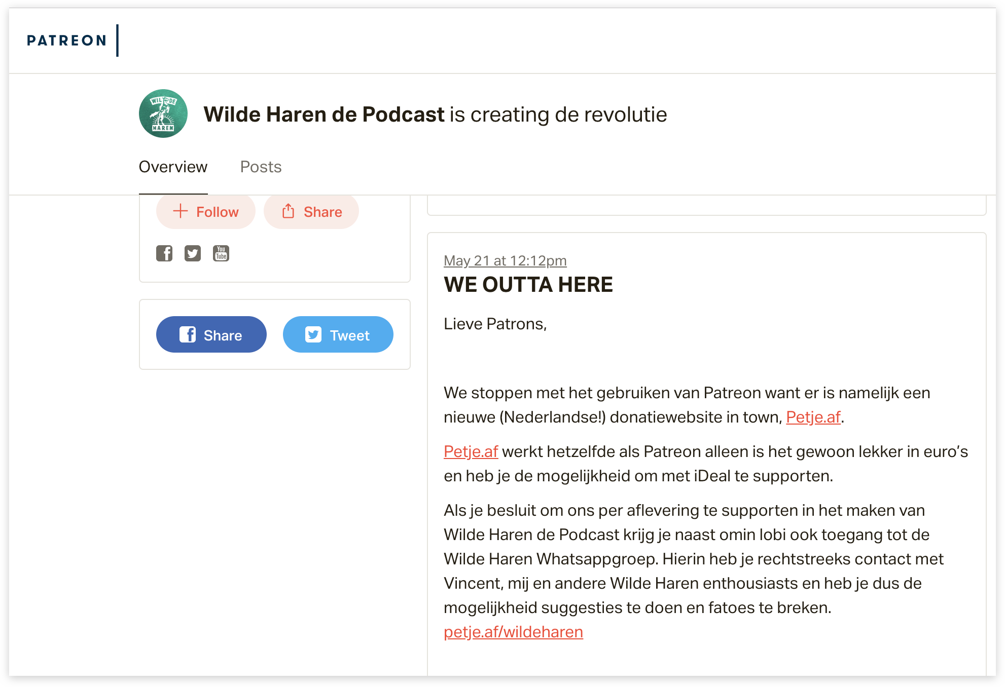 Wilde Haren van Patreon naar Petje.af